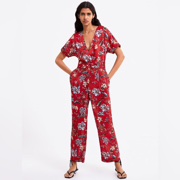 Zara Dresses & Skirts - Zara Red Floral Jumpsuit